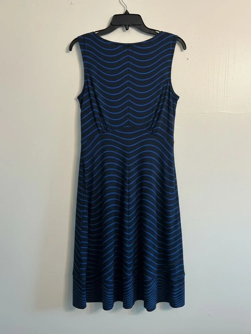 Tory Burch Midi Dress Womens Large Black Blue Silk Stretch Wavy Stripe V-Neck